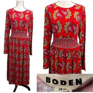 Boden Thea Red Floral Paisley Print Midi Dress Size 12R Cottage Indie Boho 3146